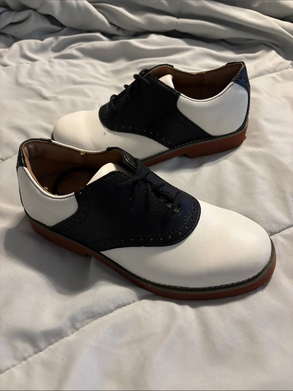 School Issue Two-Tone Kids Saddle Shoes in White and Black with Brown Sole